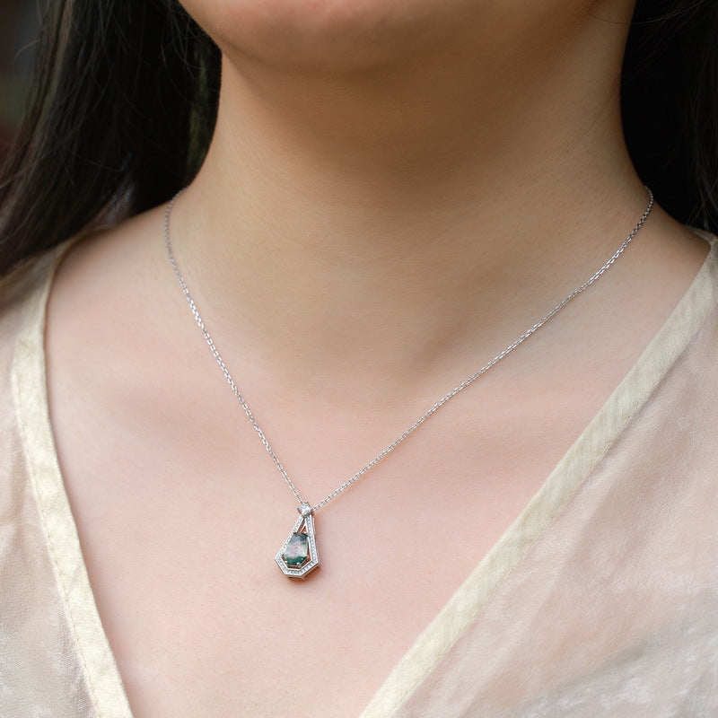 S925 Sterling Silver Moss Agate Shield Pendant Necklace