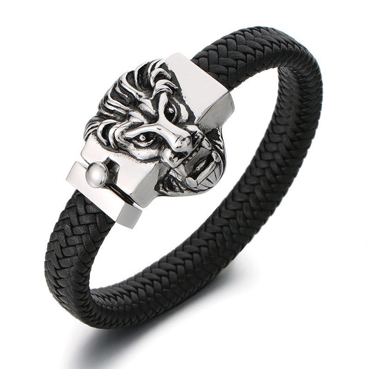 Planderful Mens Leather Bracelet Lion Head Titanium