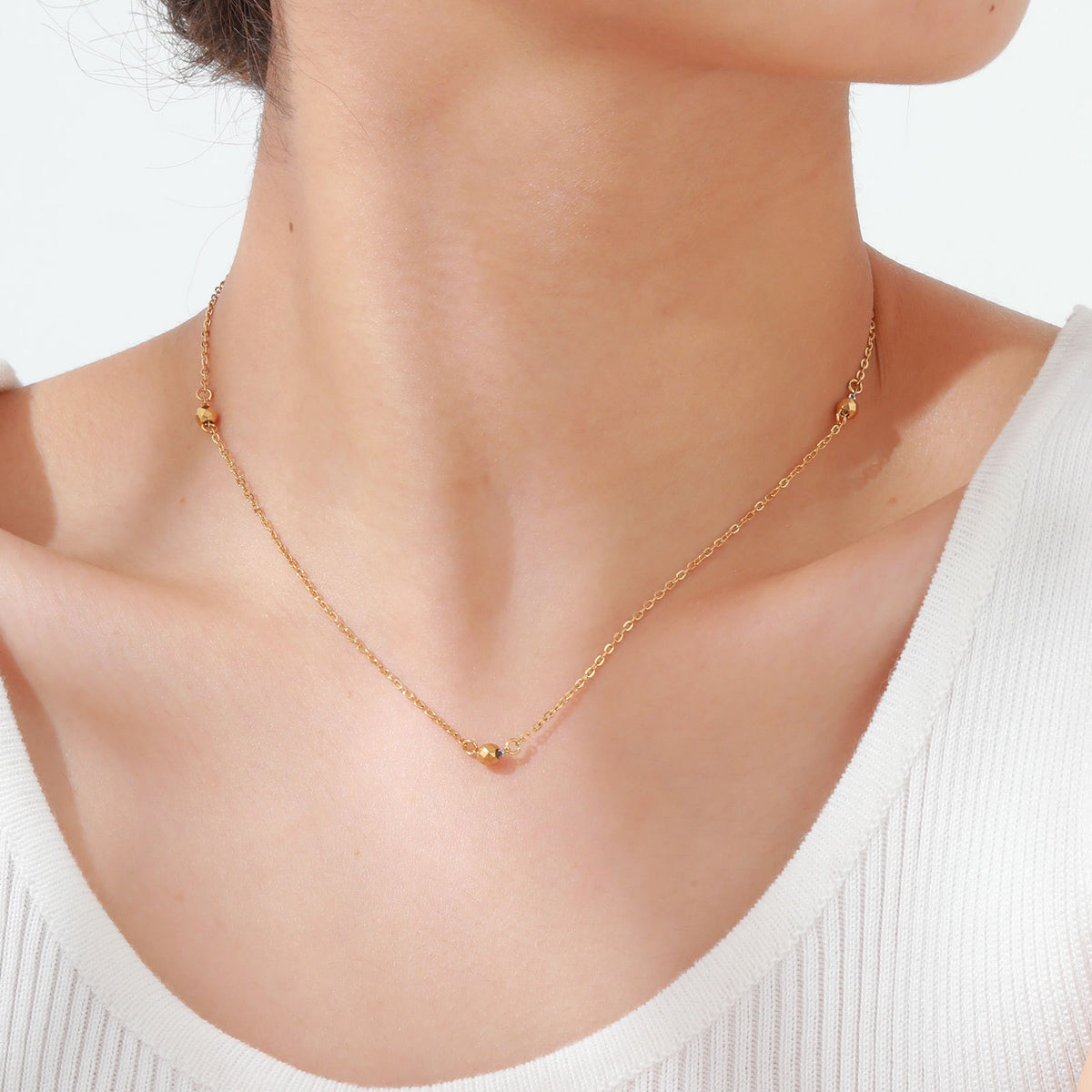 Ladies Stainless Steel Flat Cross Chain – Three Dancing Beads – Gold Necklace