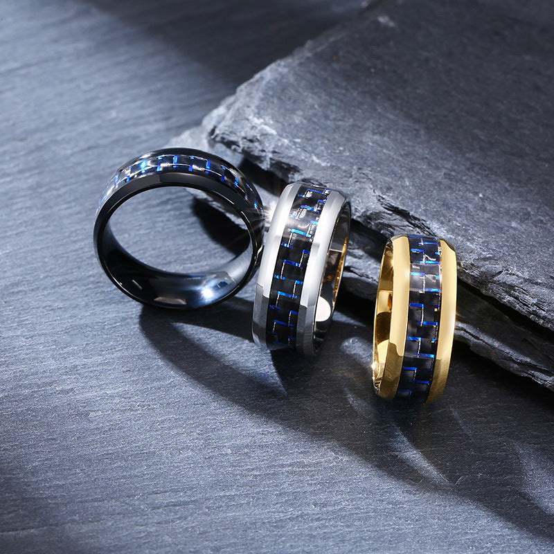Face Width 8MM Stainless Steel Men's Ring Blue Black Carbon Fiber