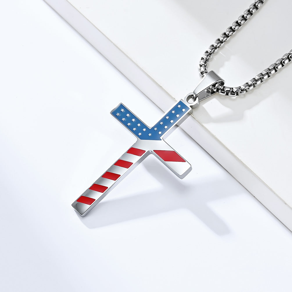 Planderful American Flag Cross Necklace Titanium Steel Unisex Hip Hop Style Premium Daily Wear