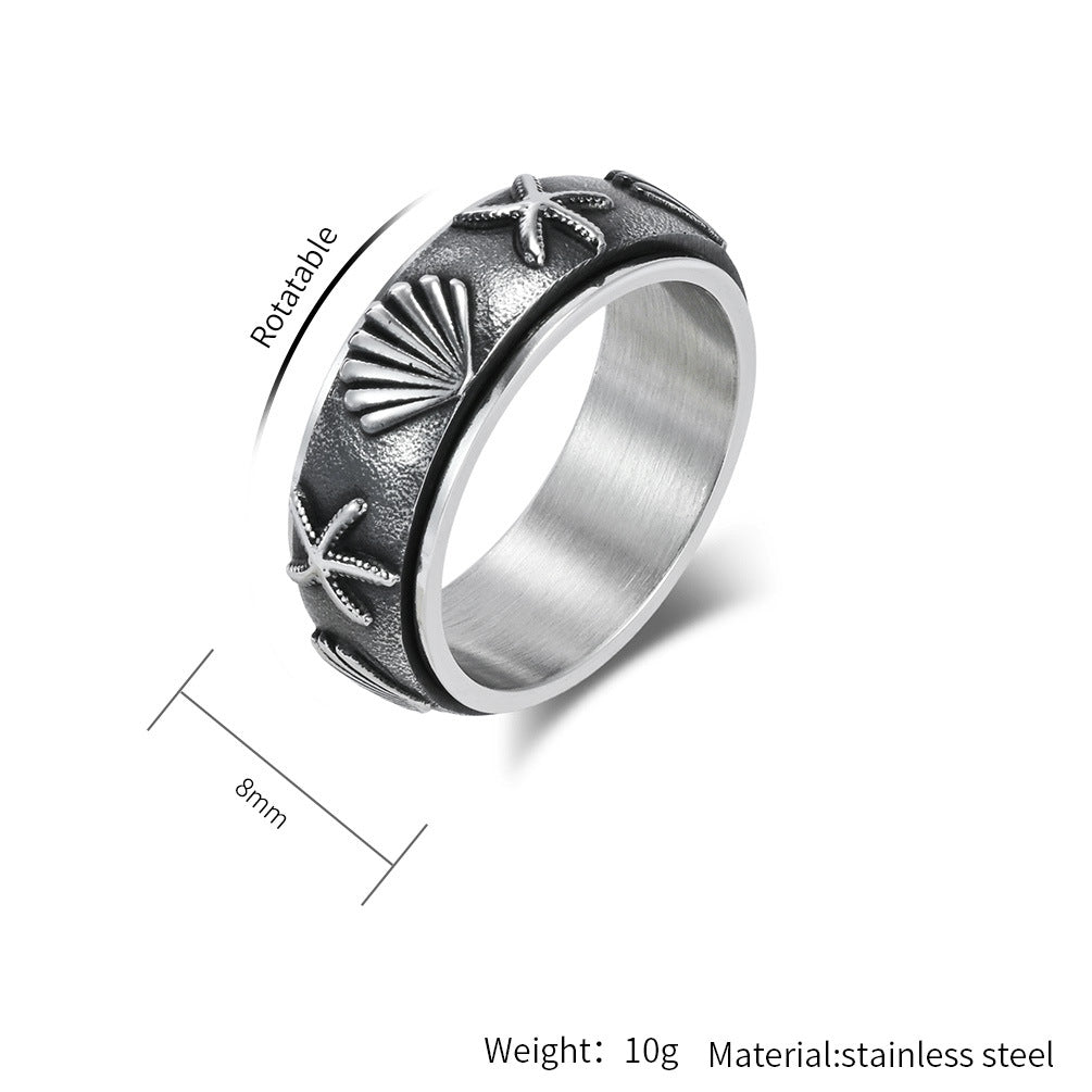 Planderful Rotating Ring Ocean Wind Sea Shell Starfish Titanium Steel Anxiety Relief Unisex
