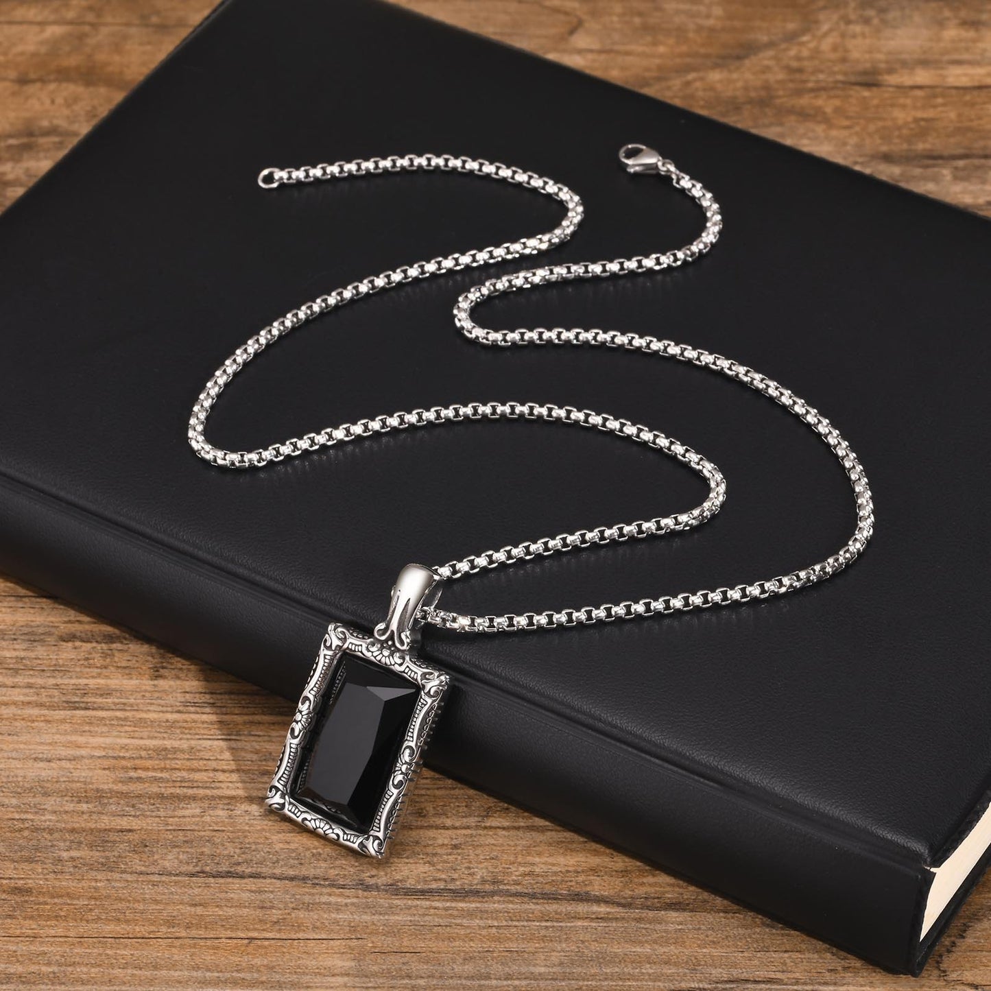 Planderful Titanium Steel Pendant Necklace For Men With Square Black Glass Frame Durable Masculine Style