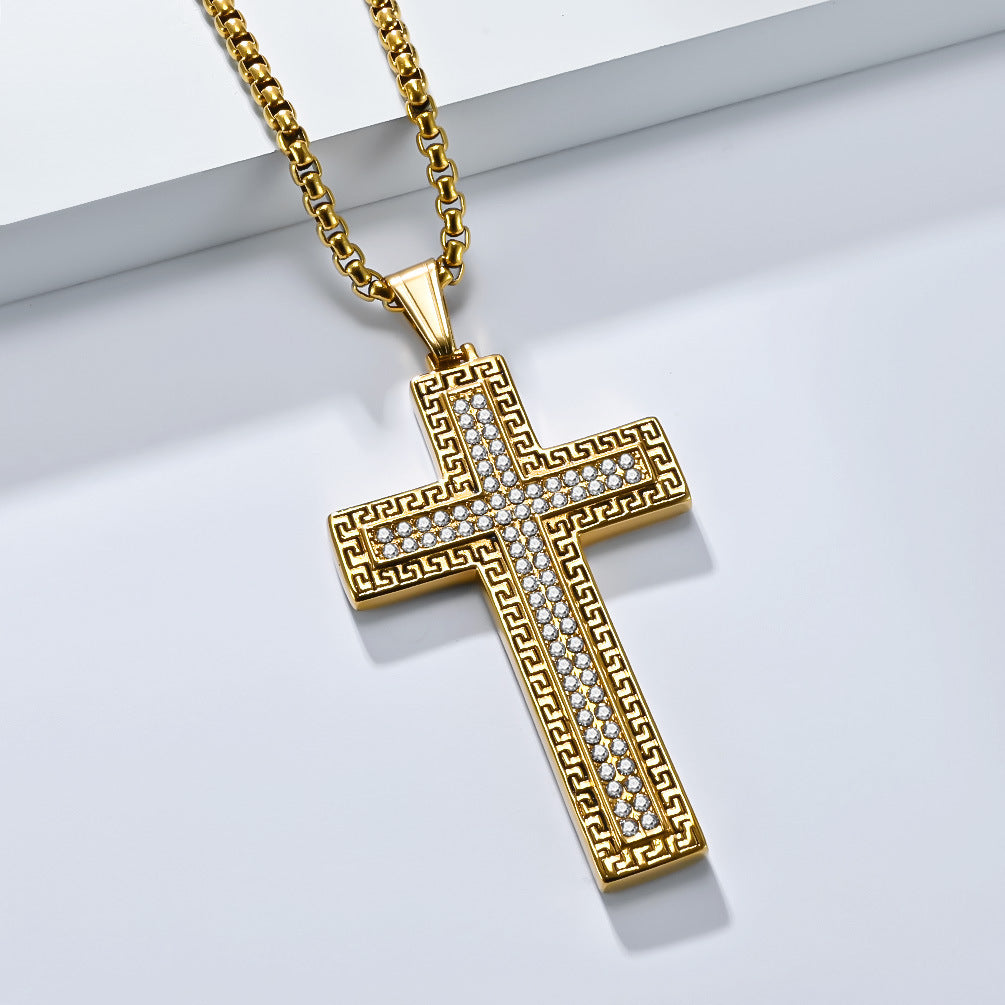 Planderful Titanium Cross Necklace for Hip Hop Streetwear Fans Zircon Accent Niche High End Pendant