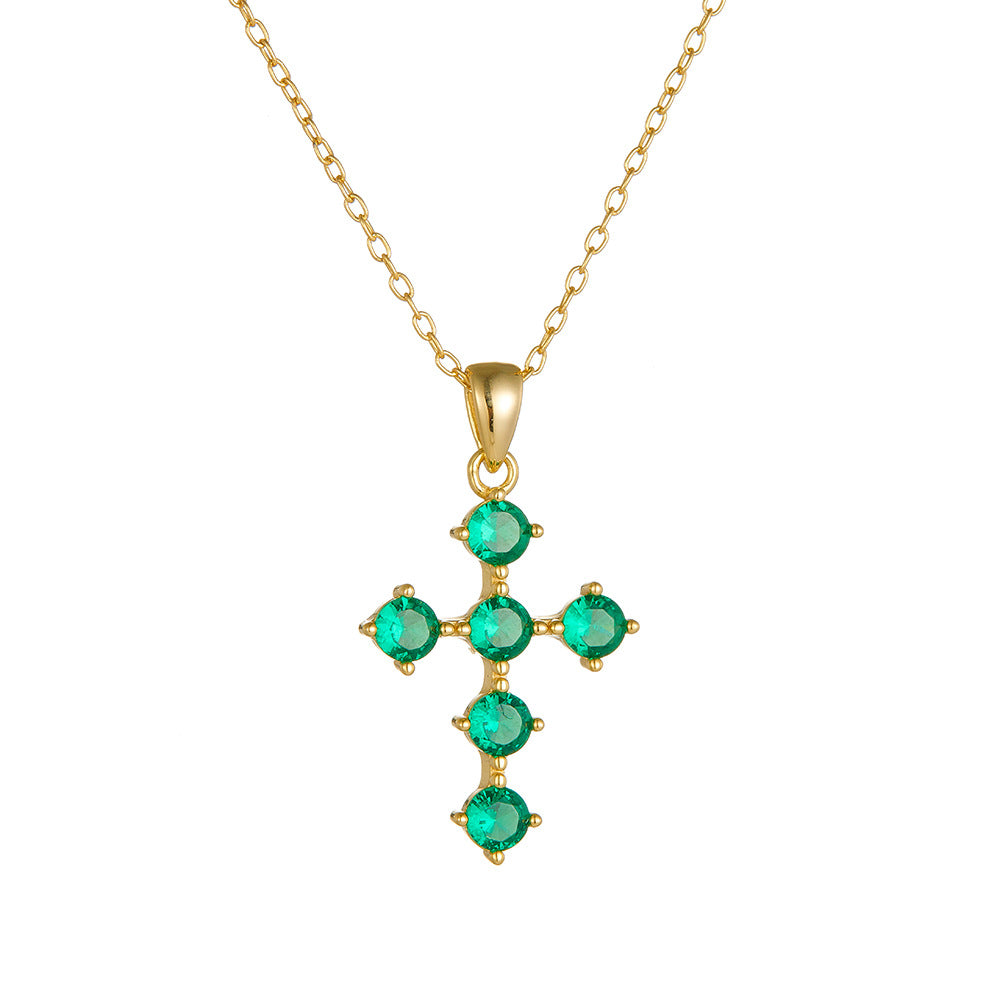 Style Retro Emerald Zircon Cross Pendant Necklace 925 Sterling Silver