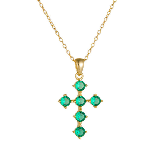 Style Retro Emerald Zircon Cross Pendant Necklace 925 Sterling Silver