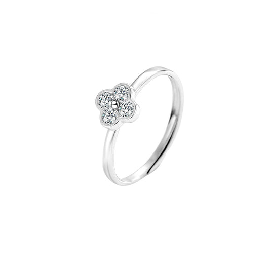Planderful S925 Sterling Silver Four Leaf Clover Zircon Ring For Women Adjustable