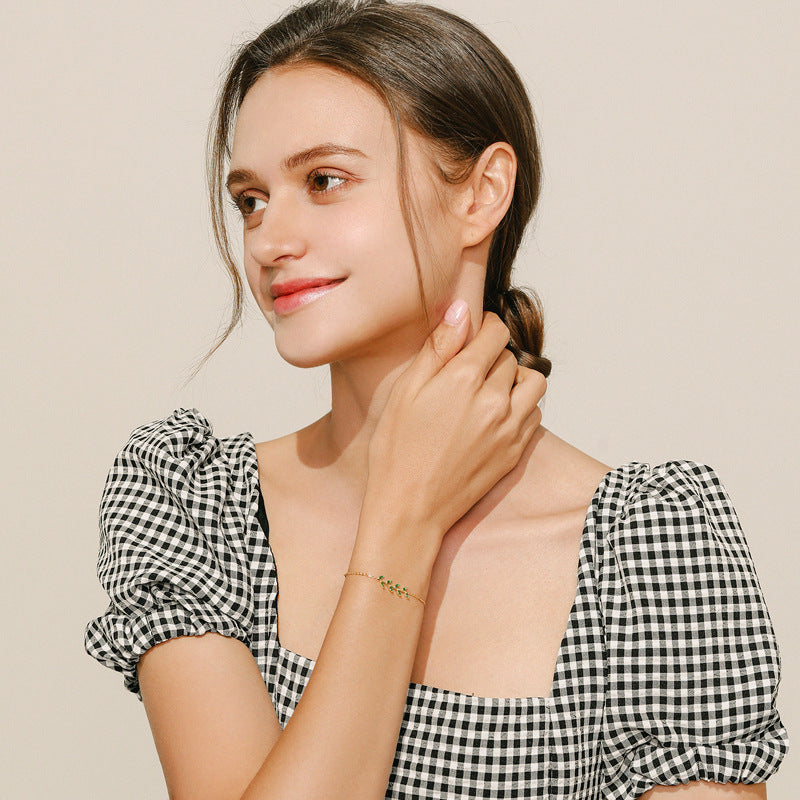 Everyday Genie Sterling Silver Green Leaf Bracelet with Zircon Gem