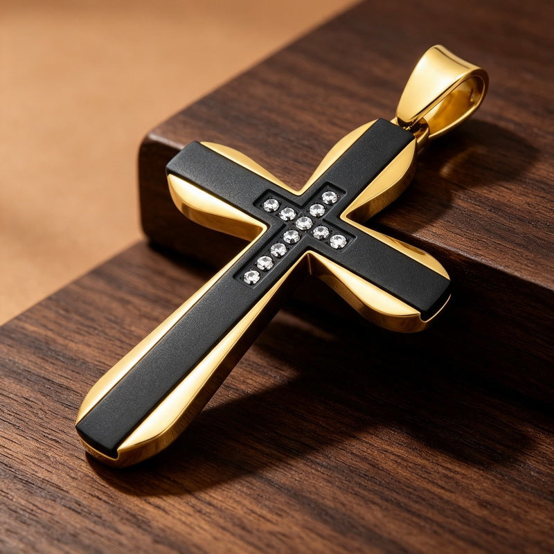 Hip Hop Rock Double Contrast Color Zircon Cross Titanium Steel Pendant Back Stainless Necklace