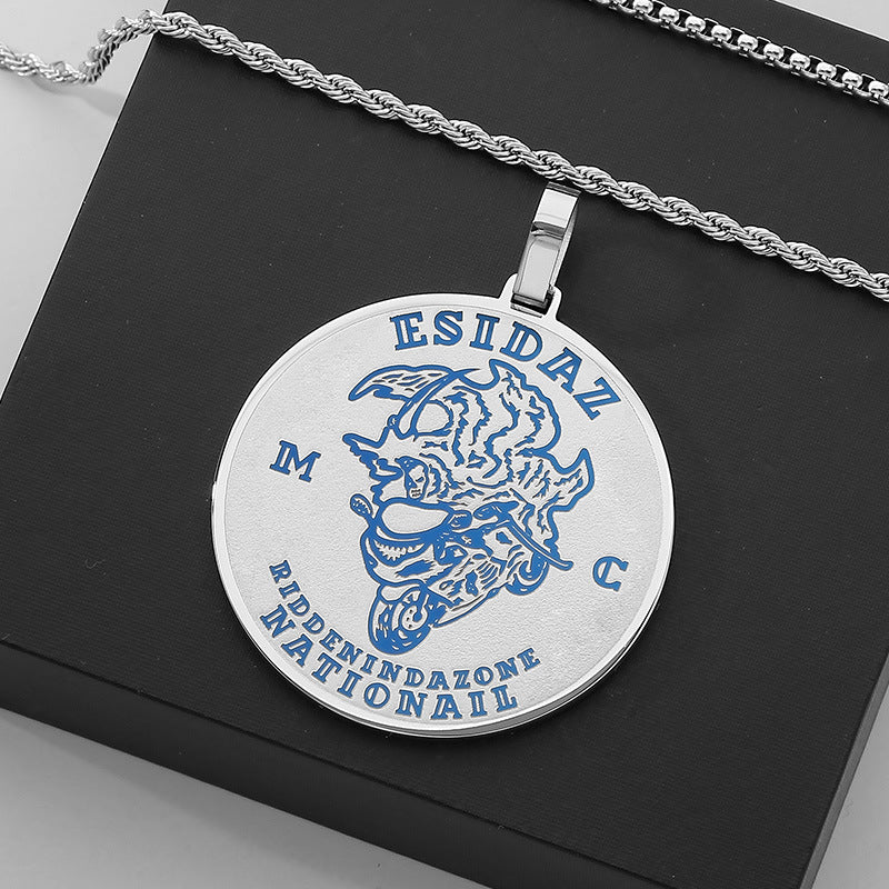 Punk-Inspired Engraved Reflective Blue Titanium Steel Necklace for Men by Planderful