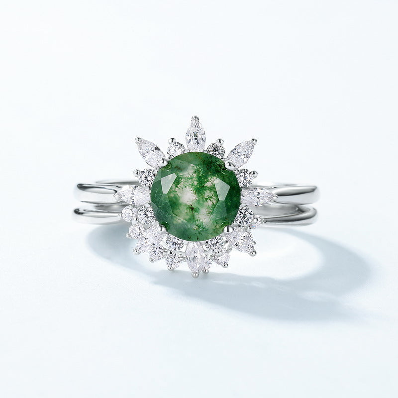 S925 Sterling Silver Moss Agate Sunflower Ring