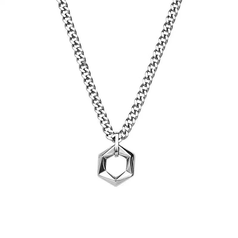 Planderful Titanium Cuban Chain Necklace Geometric Pendant