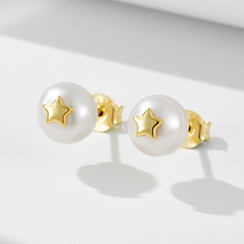 S925 Sterling Silver Pentagram Plug Flower Hat Natural Pearl Stud Earrings French Retro