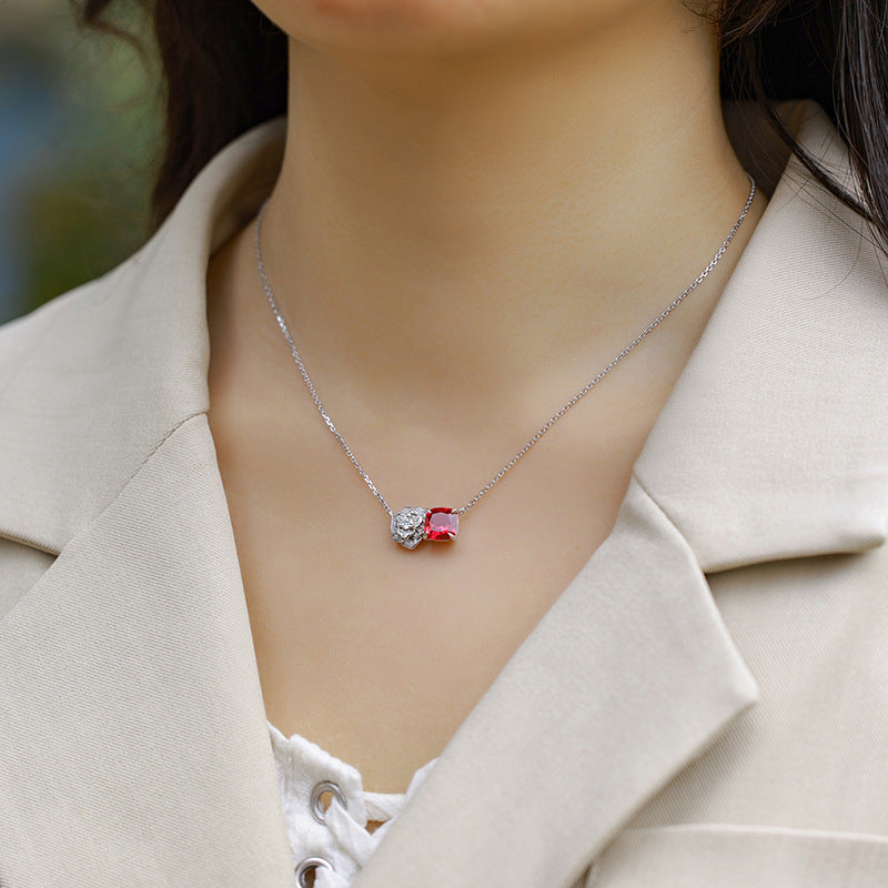 S925 Sterling Silver Lab-Grown Ruby Rose Pendant Necklace