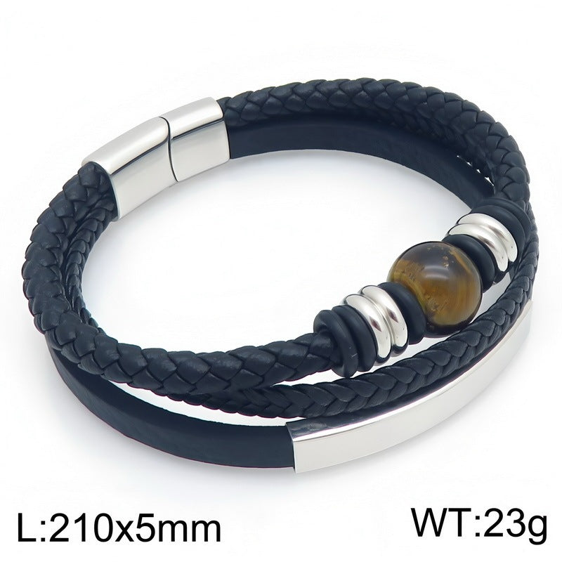 Turquoise Tiger's Eye Stone Multi-Layer Woven Leather Bracelet Lettering Curved Bar
