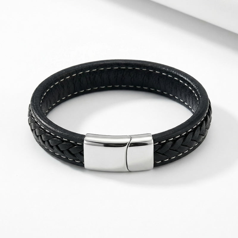 Woven Leather Rope Titanium Steel Buckle Bracelet – Male Punk Flat Leather Rope