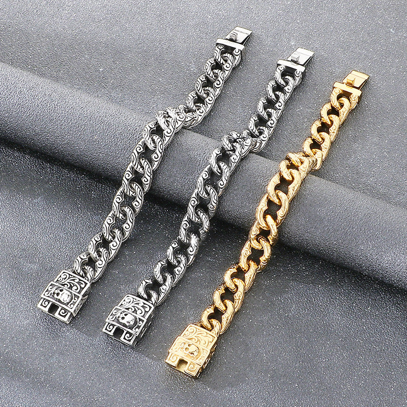 Dark Flower Pattern – Smearing Skull Buckle Cuban Chain Titanium Bracelet