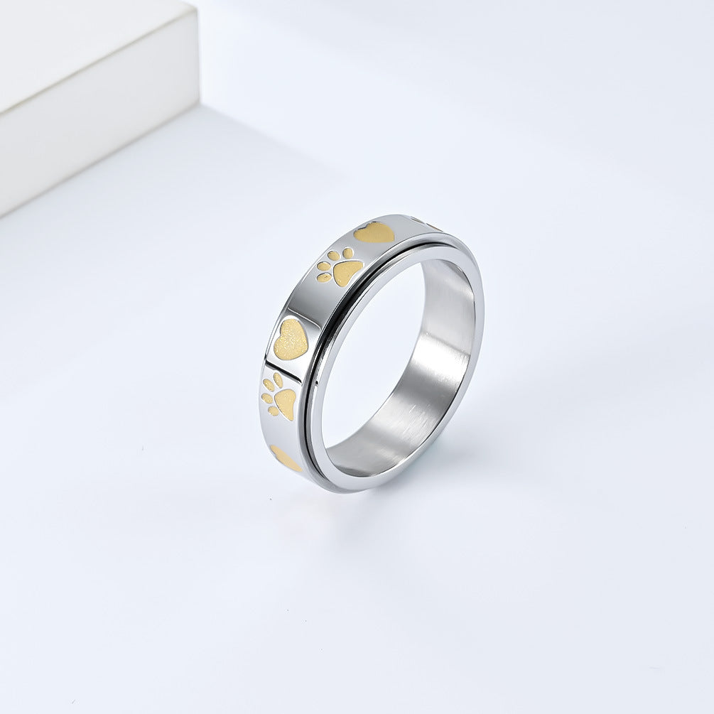 Planderful Puppy Palm Print Rotating Ring For Women Titanium Steel Pet Lover Jewelry Niche Hipster Style