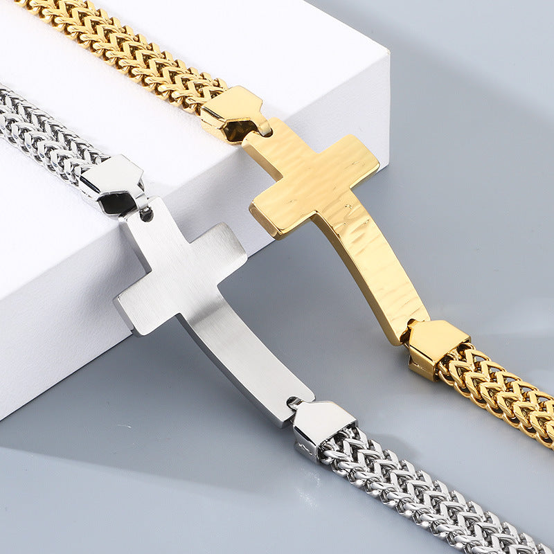 Double-Row Keel Chain Bracelet – Hammer Pattern Texture Bending Brand Cross – Stainless