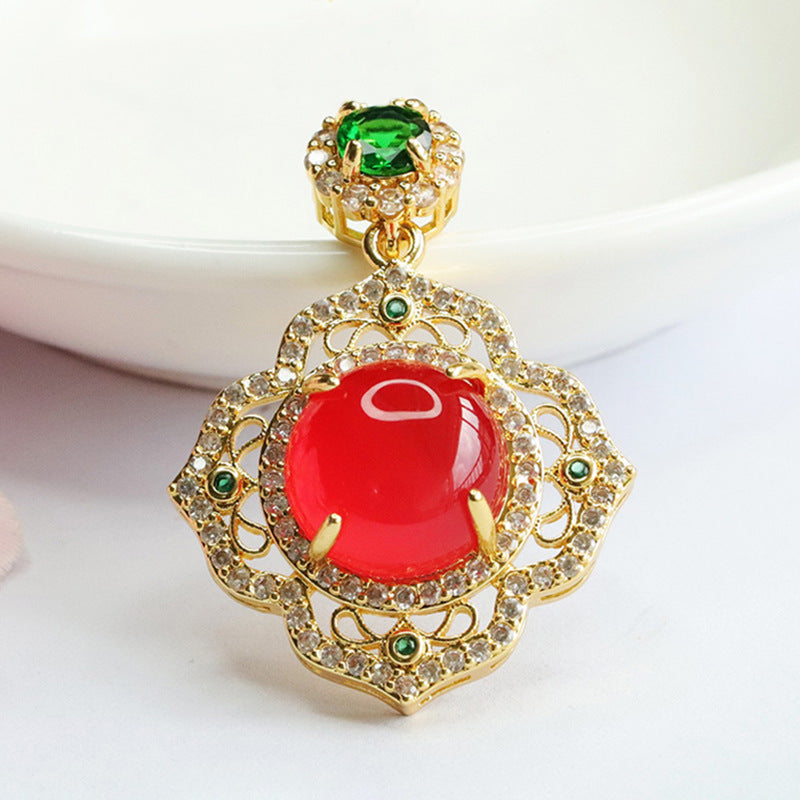 Circular Red Agate Vintage Zircon Petal Necklace