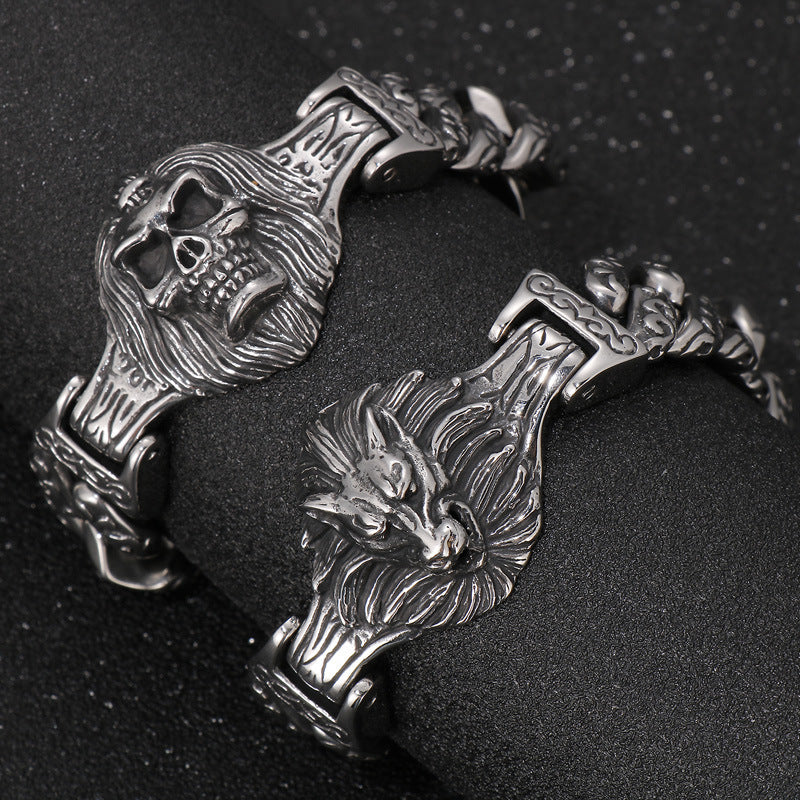 Antique Skull Wolf Head Flower Men's Titanium Steel Bracelet