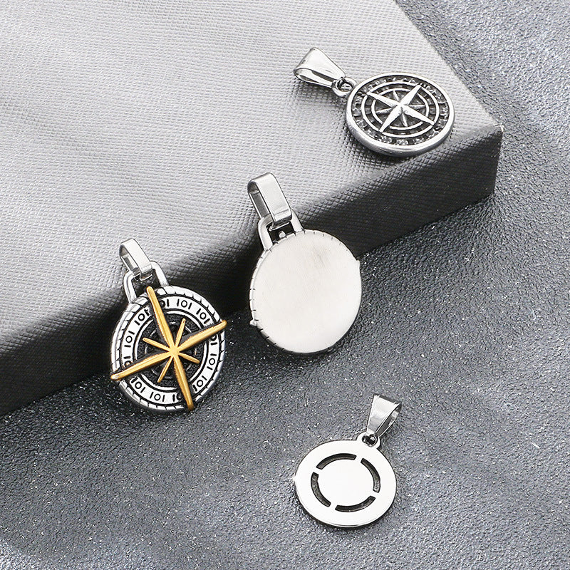 Compass Round, Punk Style Retro Coin Compass Stainless Steel Men's Pendant Necklace