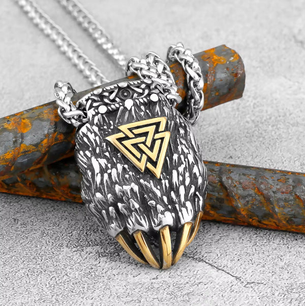 1. Planderful Stainless Steel Necklace With Retro Viking Triangle Logo Bear Claw Pendant For Men