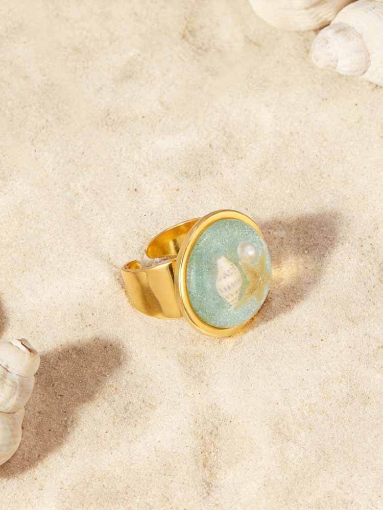 French Stainless Steel Resin Ocean Turquoise Starfish Pearl Opening Women's Ring