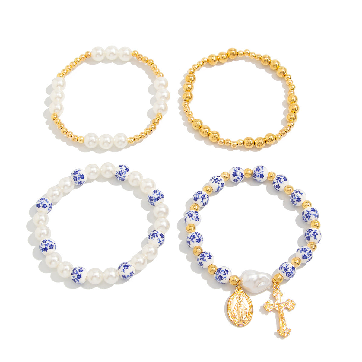 Blue And White Porcelain Beaded Bracelet With Elegant Cross Portrait Pendant For Women By Planderful Vienna Verve