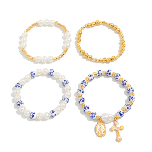 Blue And White Porcelain Beaded Bracelet With Elegant Cross Portrait Pendant For Women By Planderful Vienna Verve