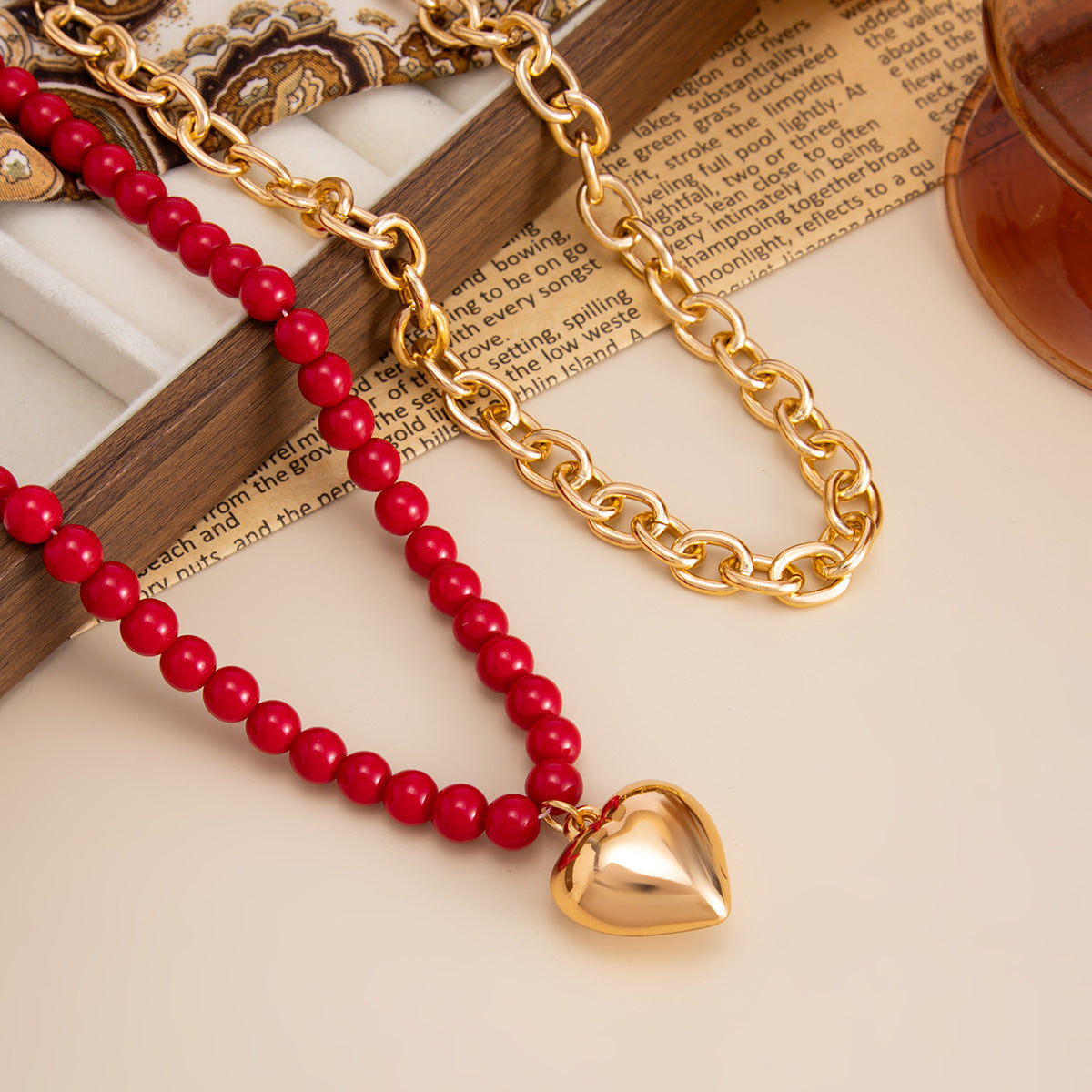 Red Beaded Ot Buckle Love Pendant Necklace Liquid Metal Rod Necklace