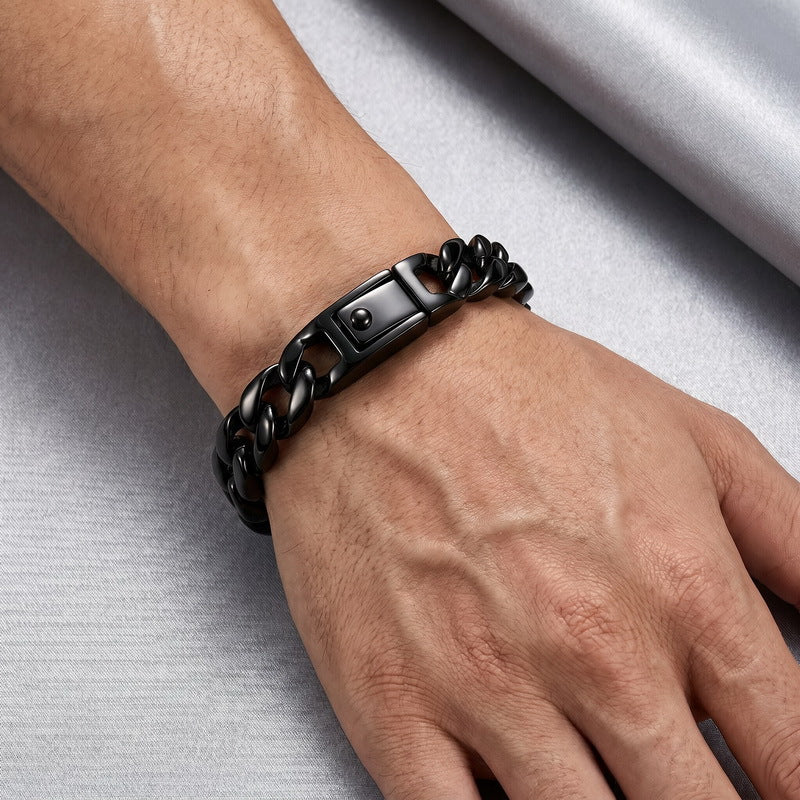 Minimalist Polished Bracelet Glossy Cuban Chain Spring Snap Stainless Steel Men's Bracelet
