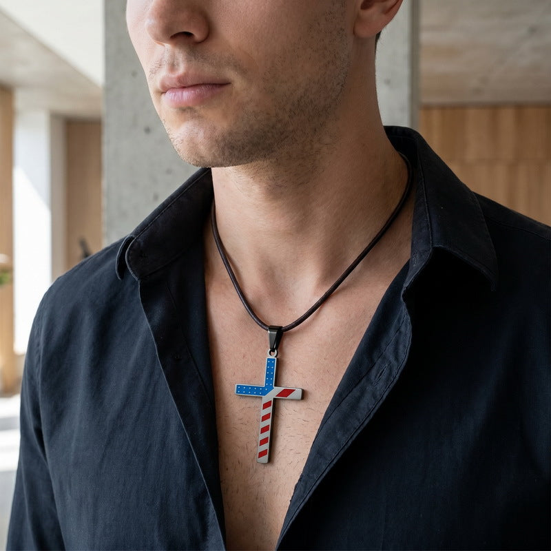 European, American Hip-Hop American Star-Spangled Banner Cross Dripping Oil Vacuum Plating Stainless Steel Necklace