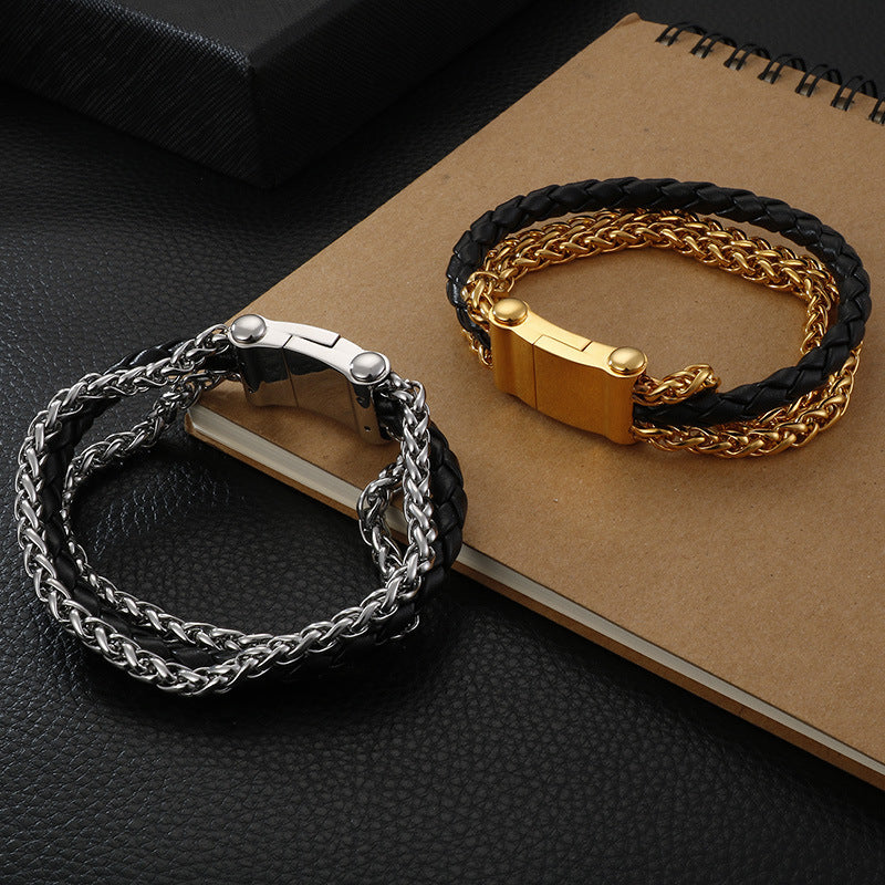 Planderful Leather Woven Titanium Mens Bracelet Chain