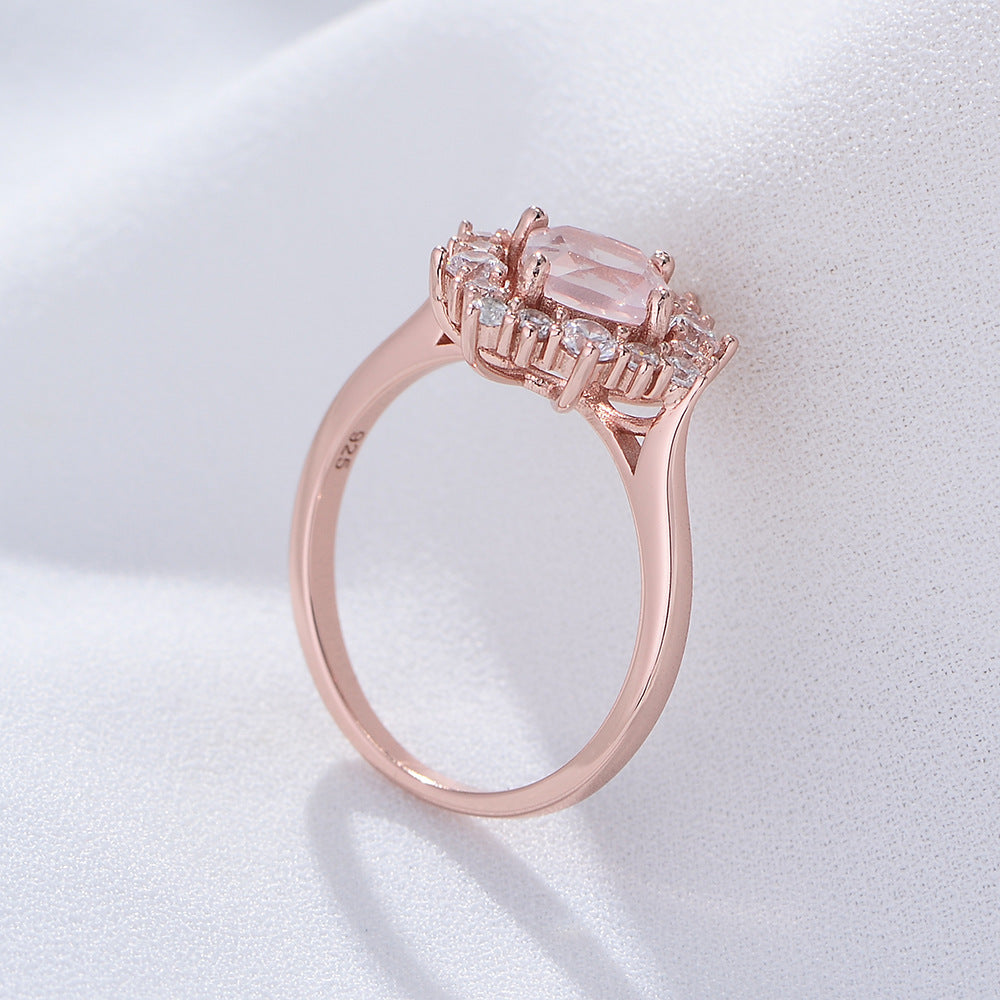 925 Sterling Silver Zircon Rose Gold Natural Powder Crystal Pillow Ring Classic Jewelry