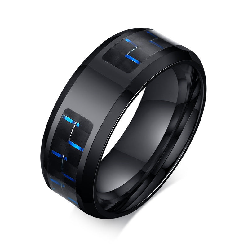 Face Width 8MM Stainless Steel Men's Ring Blue Black Carbon Fiber
