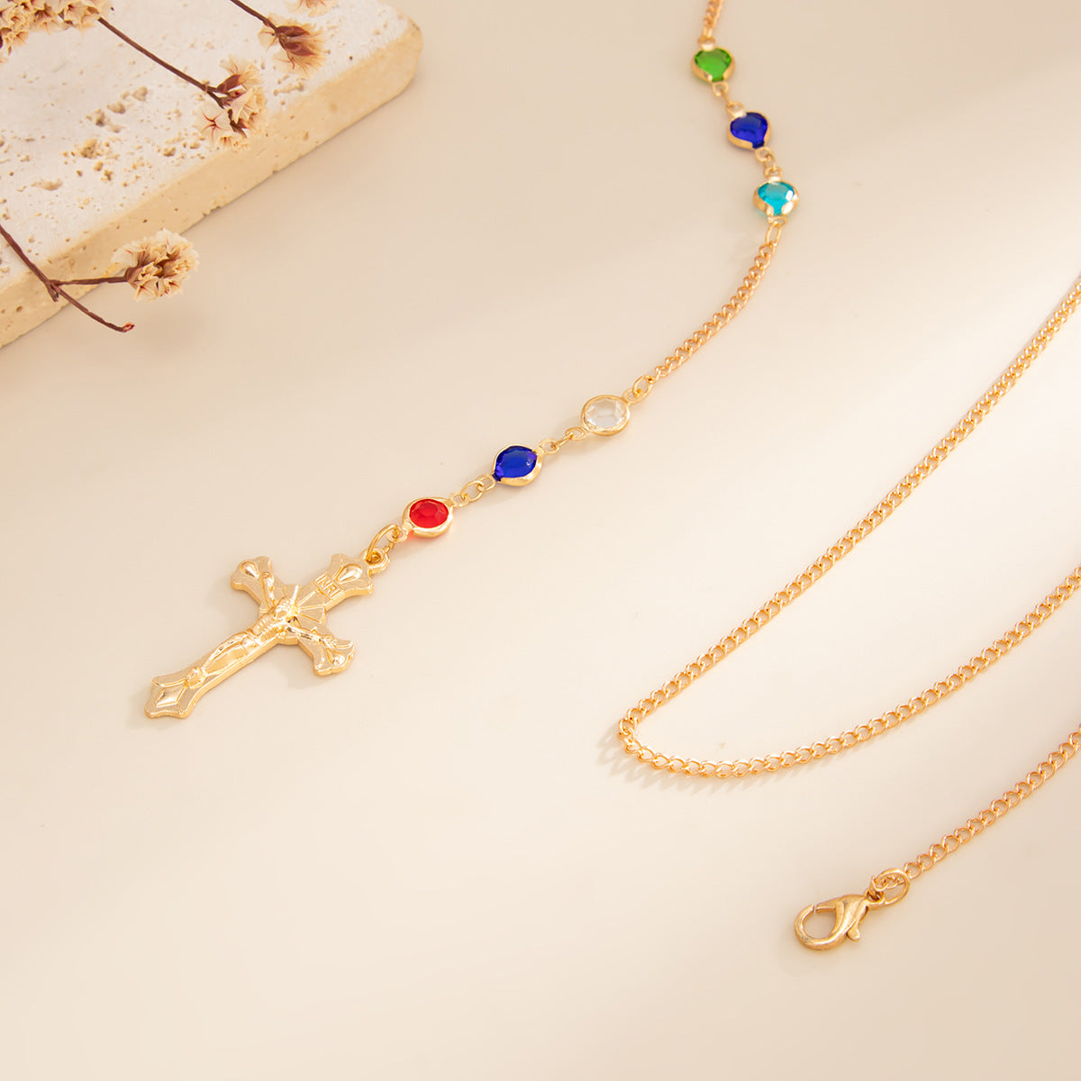 Crystal-Style Cross Back Chain Necklace