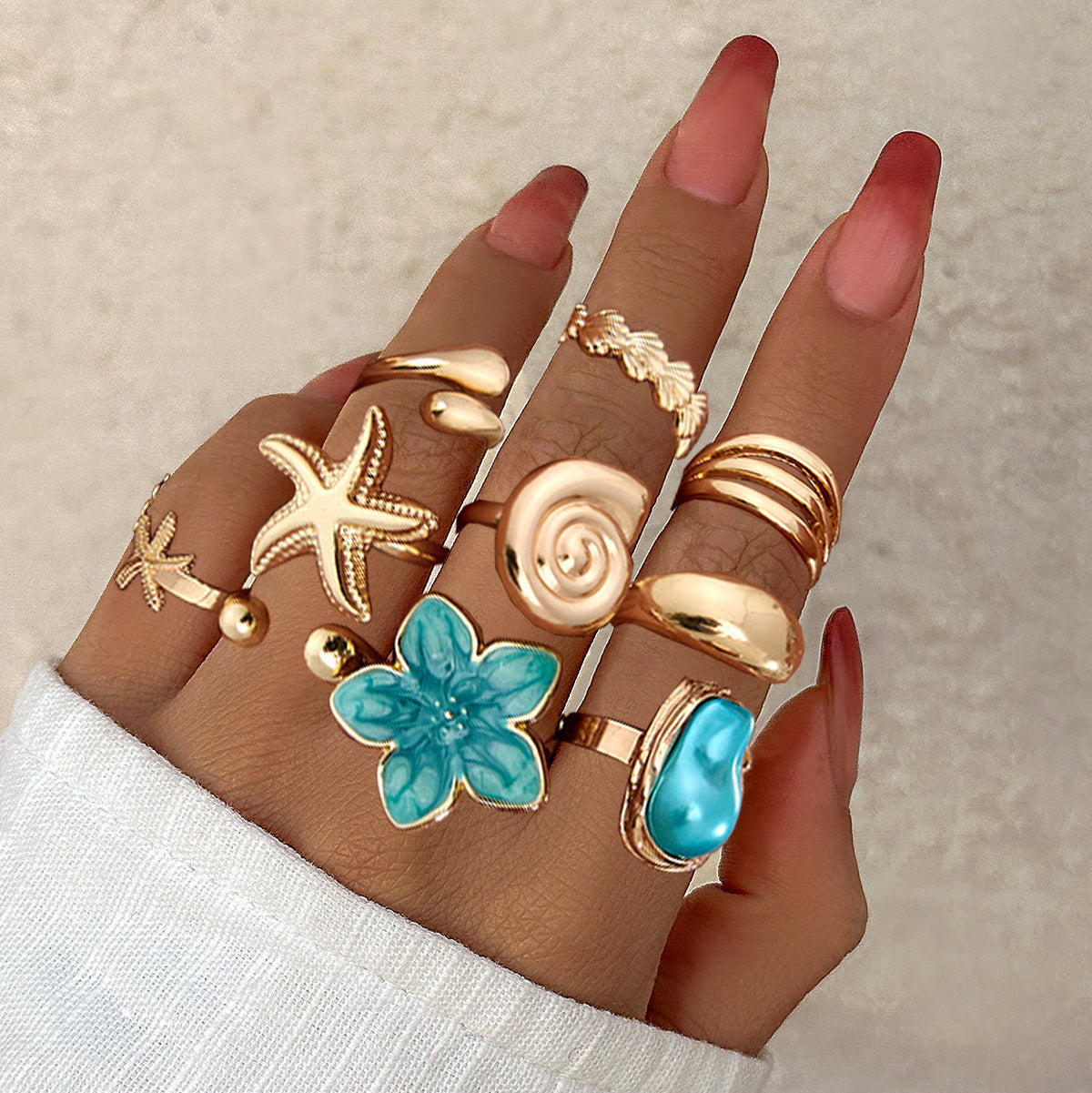 Planderful Ocean Starfish Shell Ring Vienna Verve Elegant Dripping Flower Design Hand Jewelry For Beach Lovers
