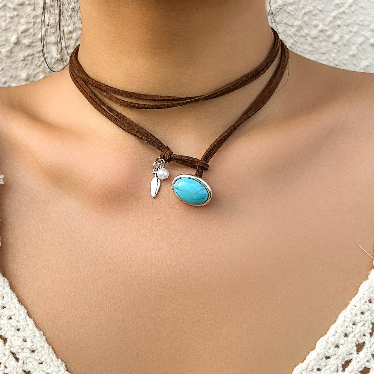 European and American Inspired Jewelry: Stylish Double-layer Geometric Necklace with Adjustable Length, Ethnic Tassel Pendant, Turquoise Necklace for Women