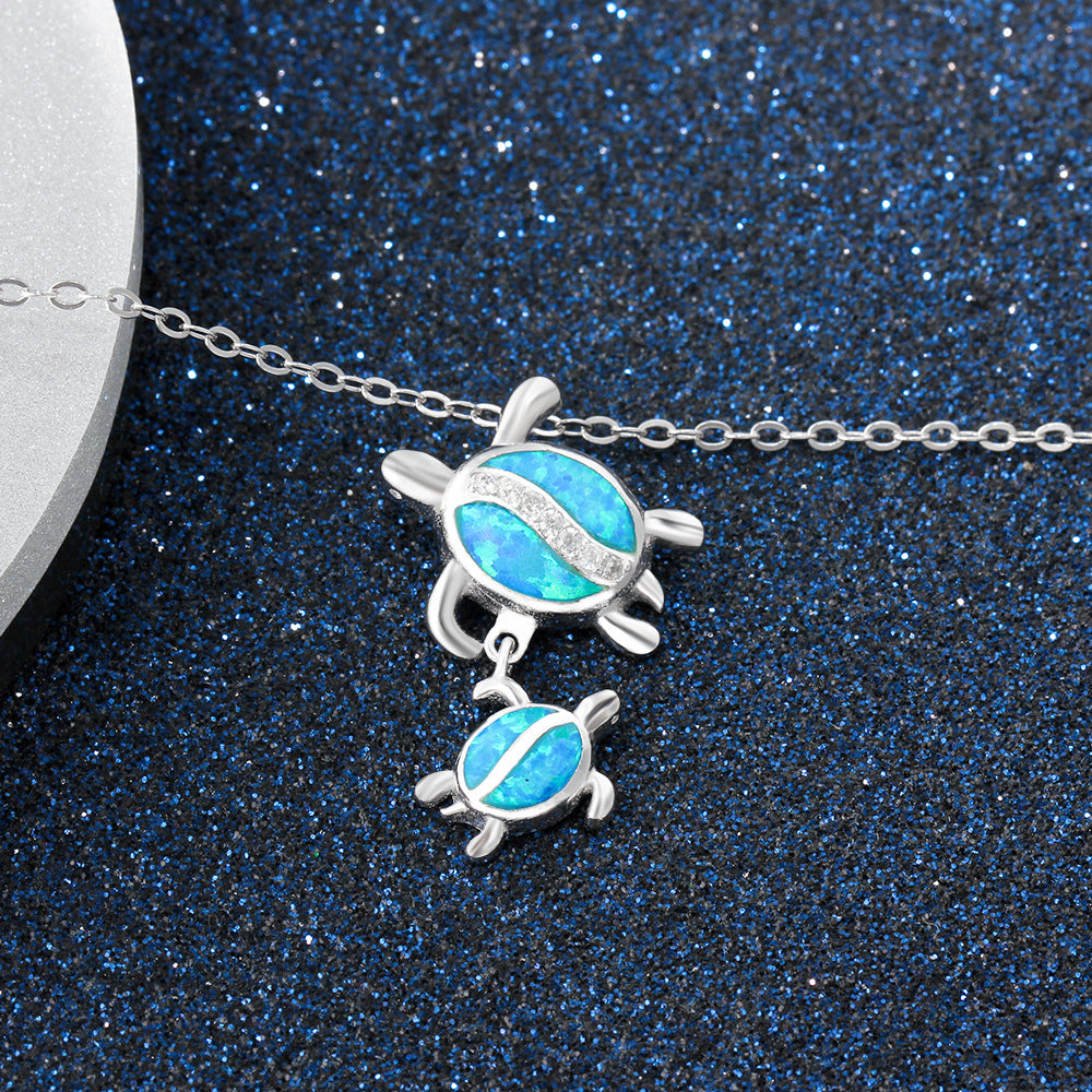 Planderful Jewelry Ocean Series Opal Two Turtle Necklace In Sterling Silver Elegance