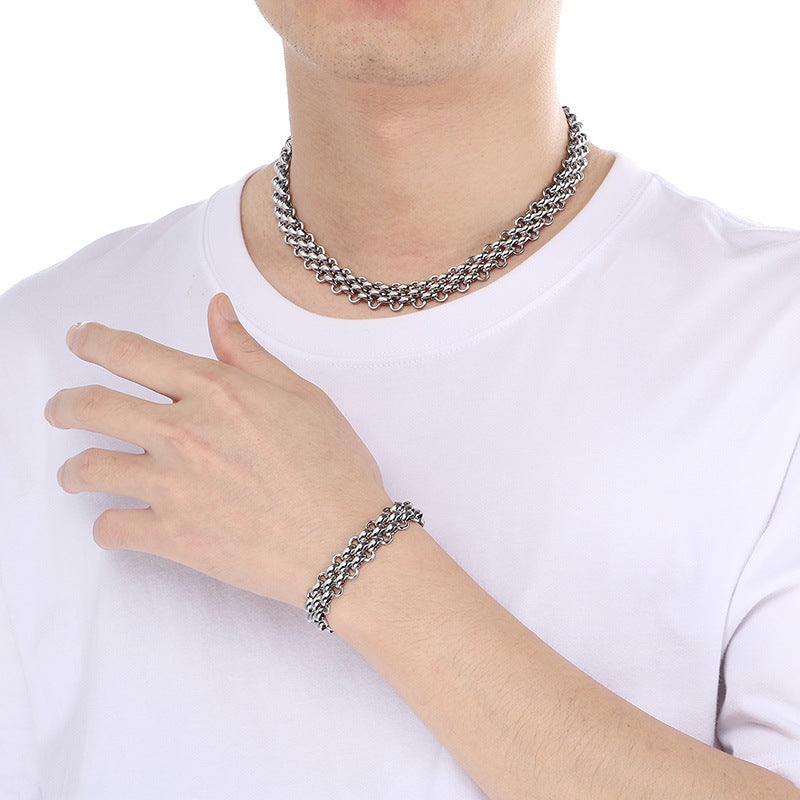 Mens Titanium Steel Triple Row Chain Necklace Bracelet