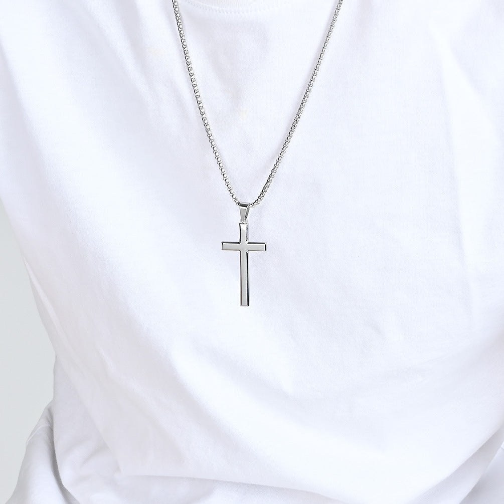 Simple Beveled Stainless Steel Cross Pendant Necklace for Men