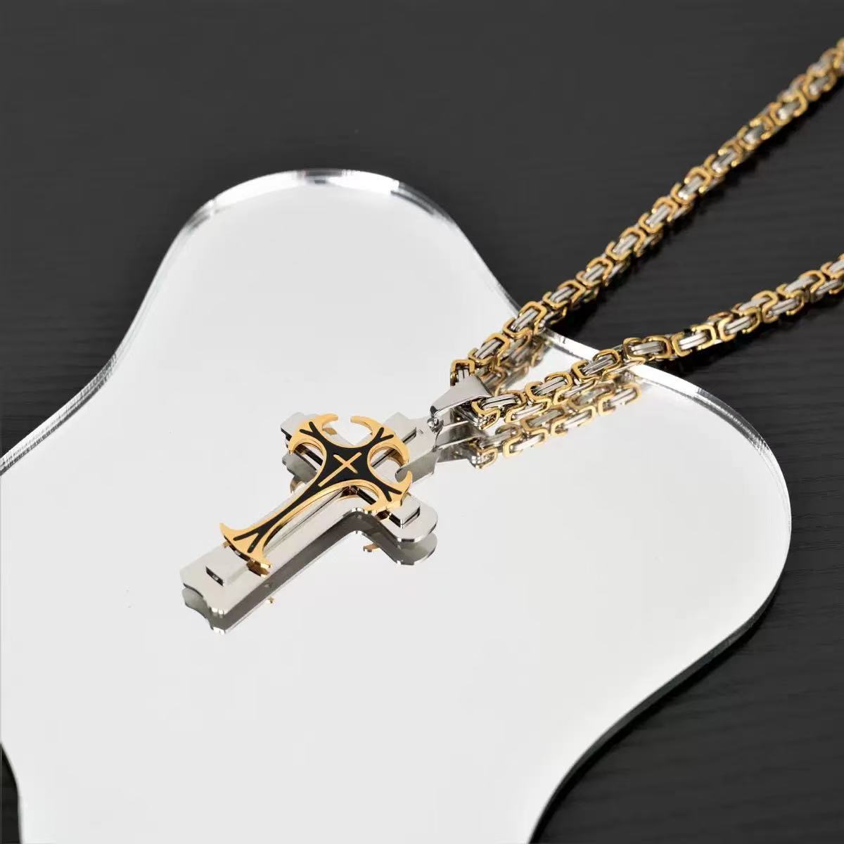 Planderful Three Layer Cross Pendant Necklace Stainless Steel For Men Punk Fashion Accessory