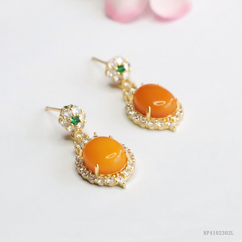 Yellow Beeswax Amber Zircon Halo Stud Earrings