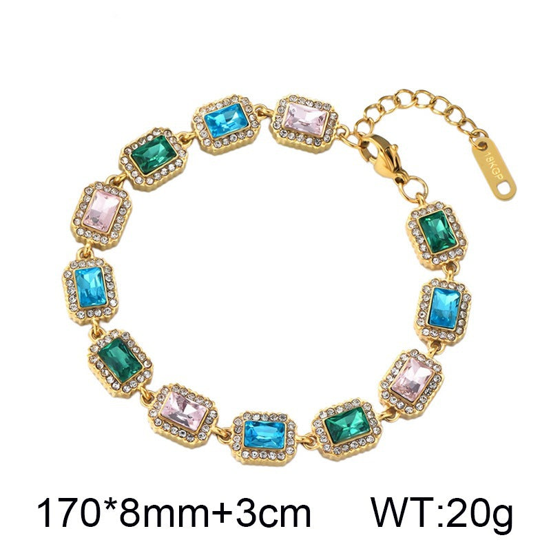 Color Surrounding Square Zircon Stainless Steel Bracelet Palace Style Adjustable