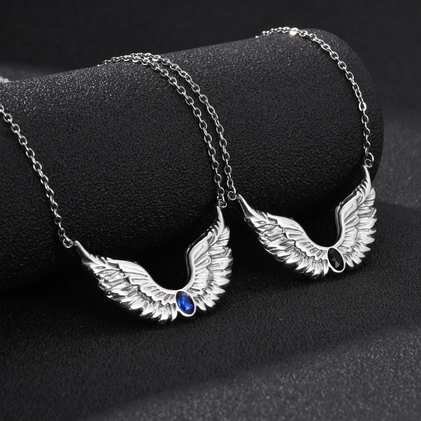 Style Men's Stainless Steel Black Zirconium Feather Wing Necklace Punk Stacked