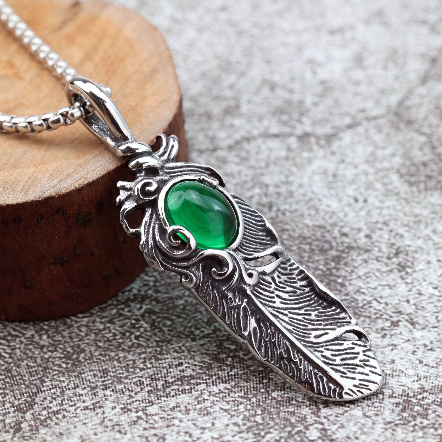 Planderful Pendant For Him European Retro Style Stainless Steel Feather Inlaid Stone Necklace