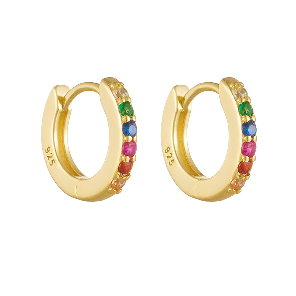 S925 Sterling Silver Round Micro-Inlaid Colored Zircon Ear Buckle Earrings