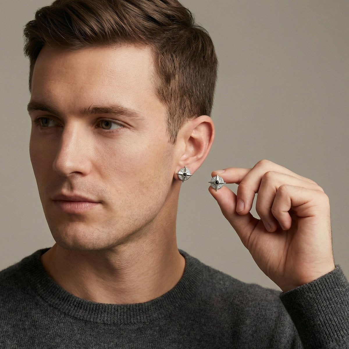 Silver-Tone Compass Stone Stud Earring — Single