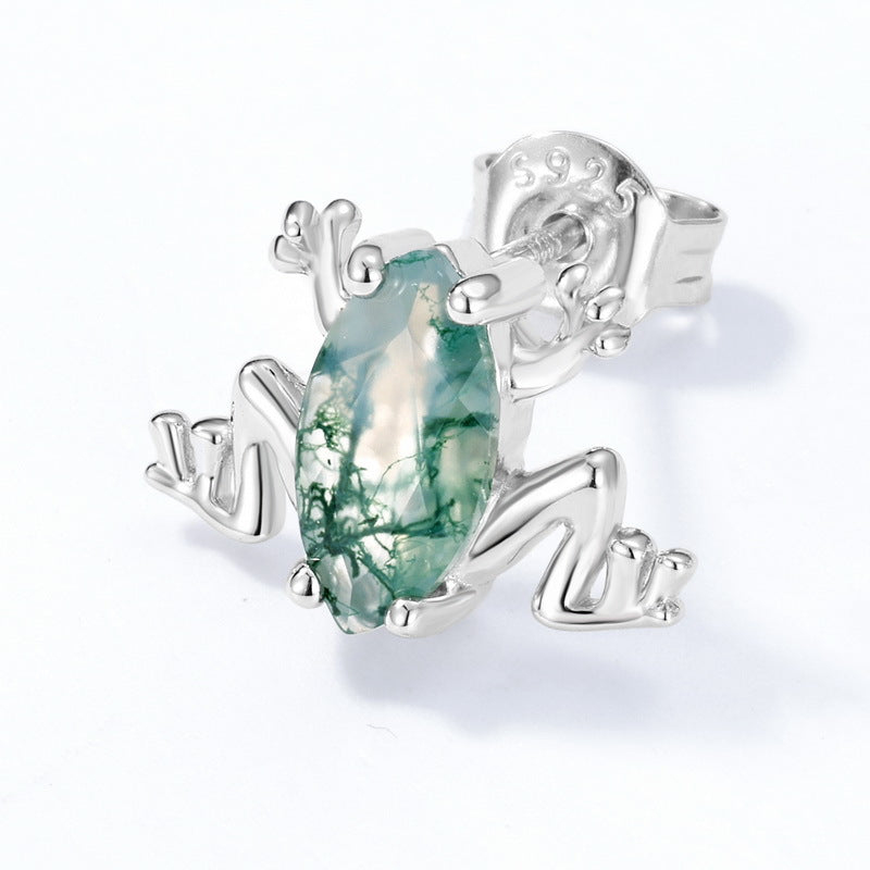 Planderful Jewelry Sterling Silver Frog Stud Earrings With Green Moss Agate Gemstone